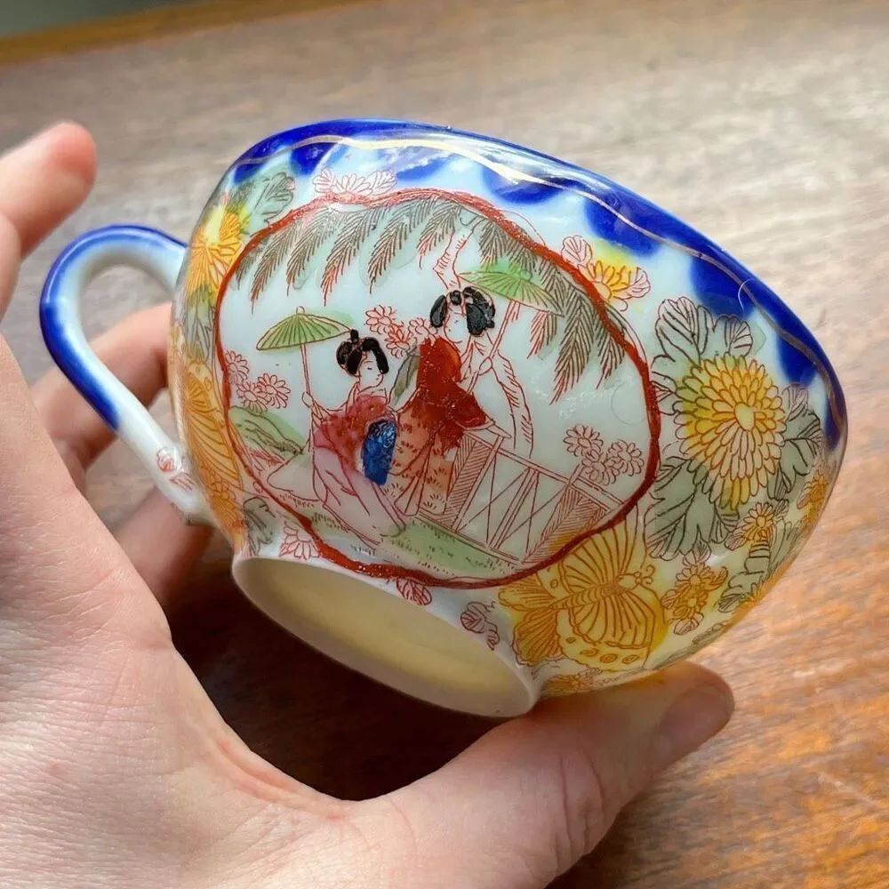 VTG Japanese Kutani Geisha Tea Cup Chinoiserie Floral Porcelain Decor